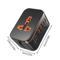 Universal travel adapter black, dimensions and USB ports