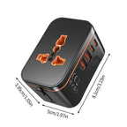 Universal travel adapter black, dimensions and USB ports
