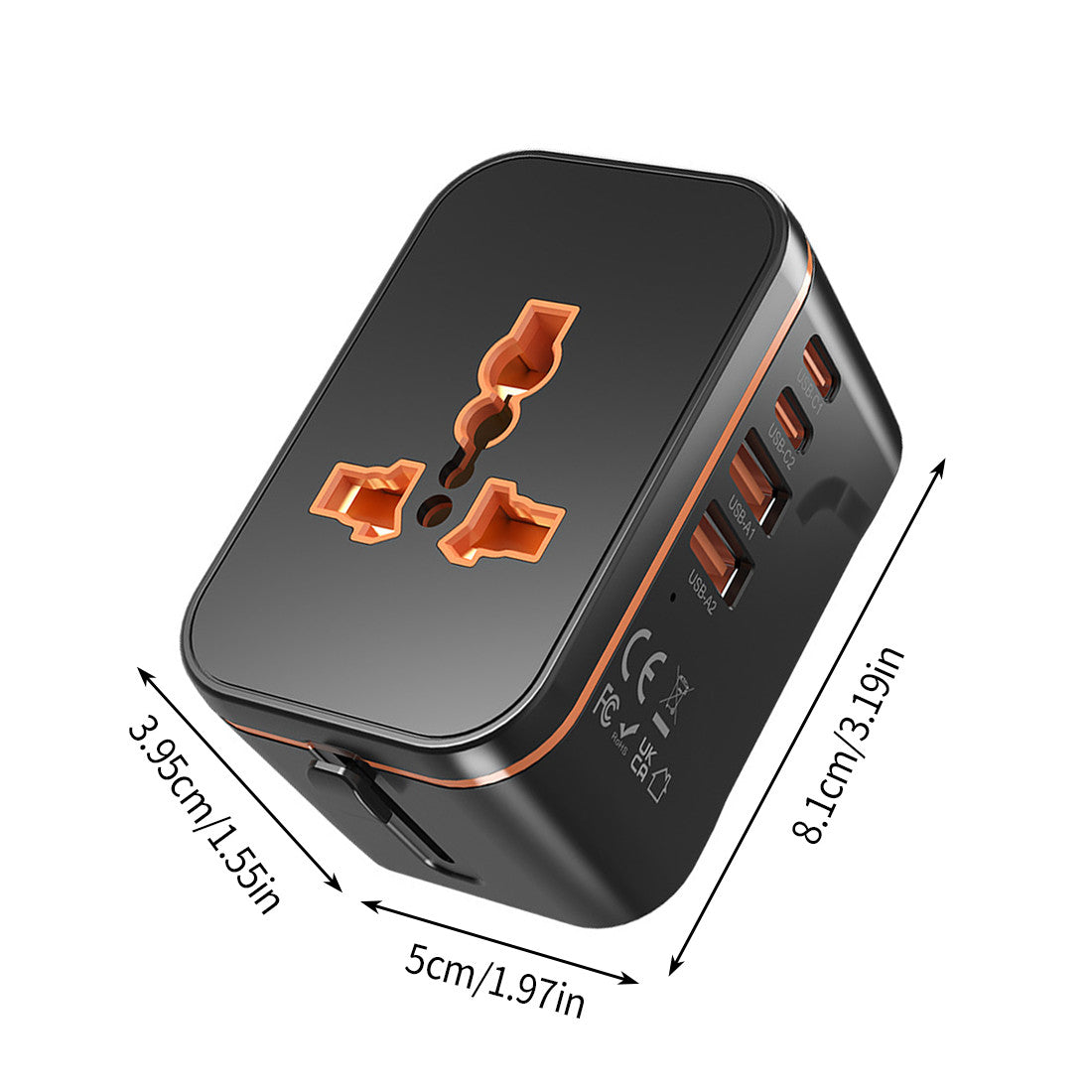 Universal travel adapter black, dimensions and USB ports