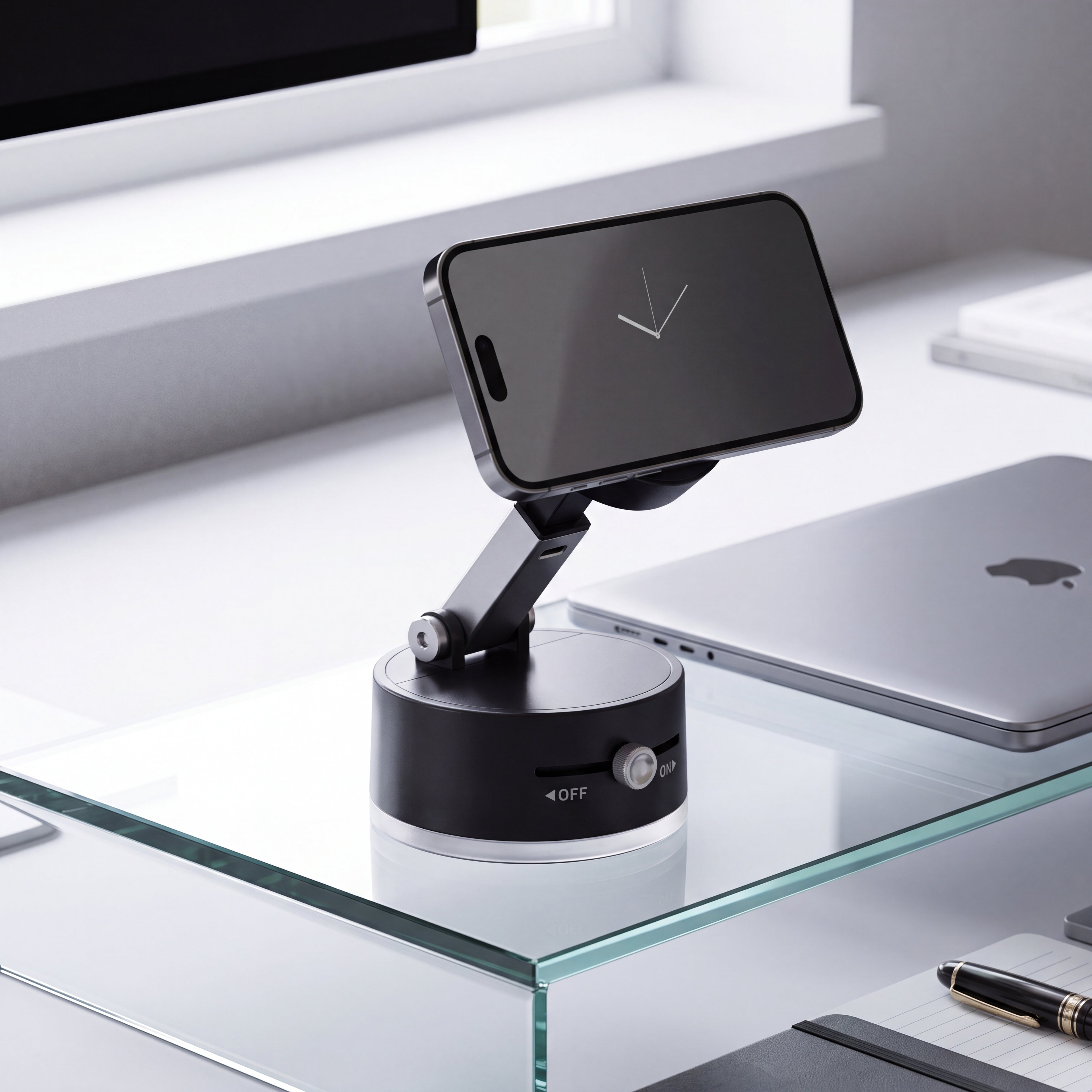 Black vacuum phone mount on glass desk with phone in landscape