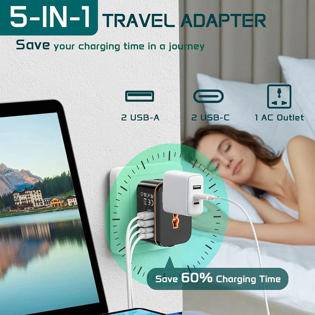 Travel adapter in use charging multiple devices