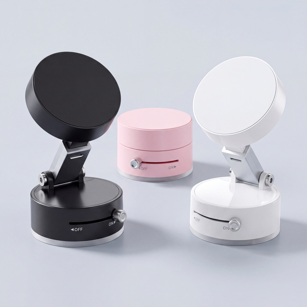 Magnetic vacuum phone mount in Black, White, and Pink