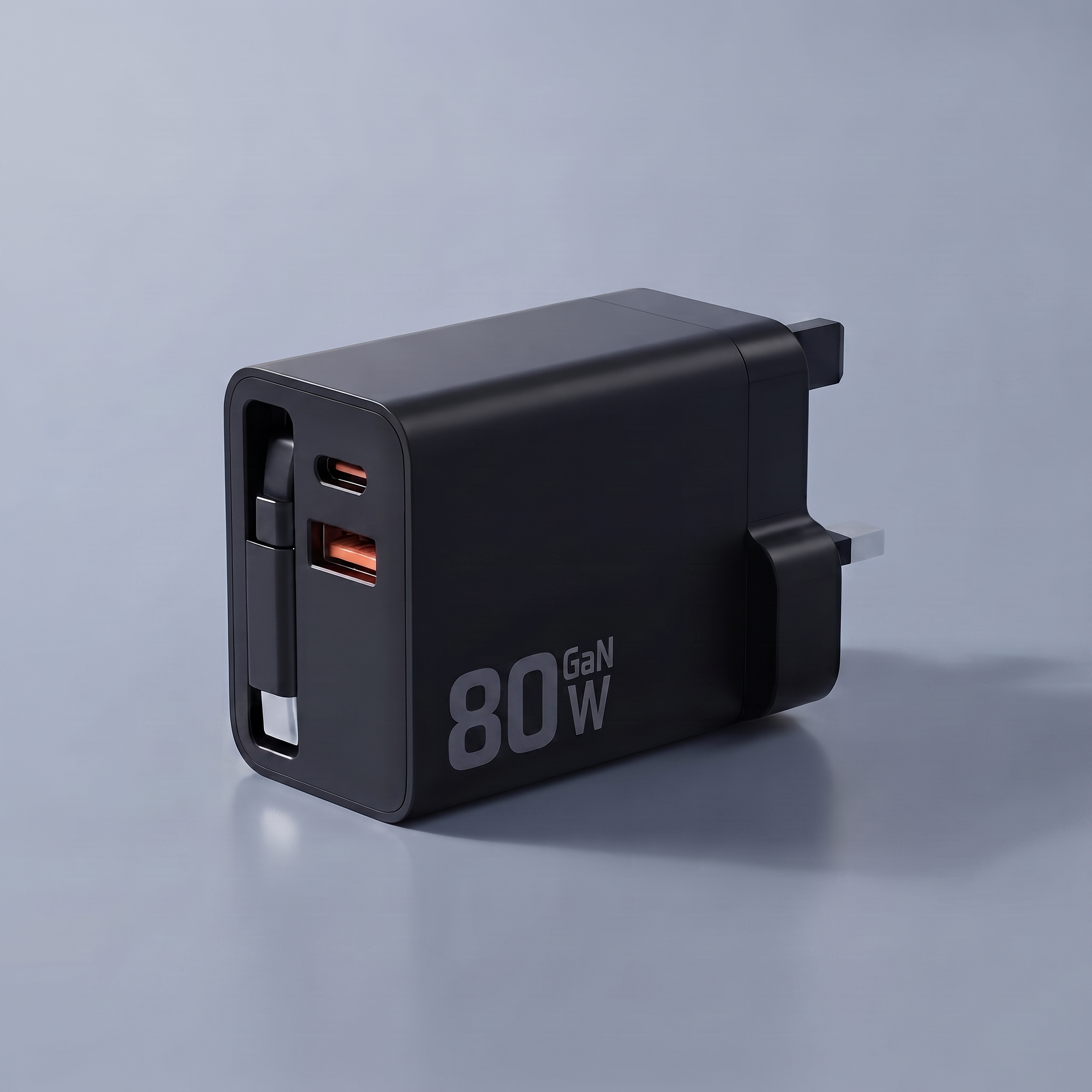 80W GaN retractable charger in black with UK plug