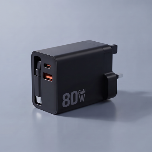 80W GaN retractable charger in black with UK plug