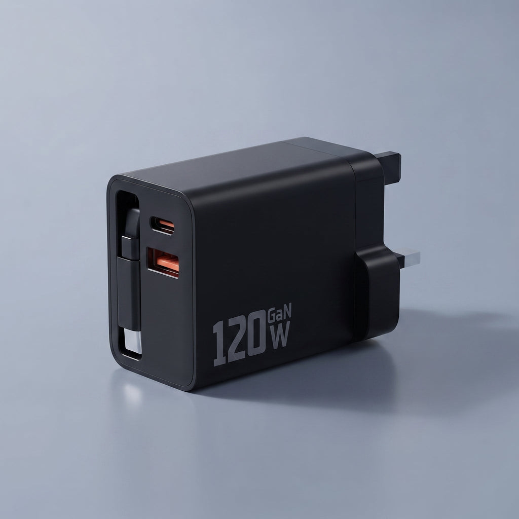 120W GaN retractable charger in black with UK plug