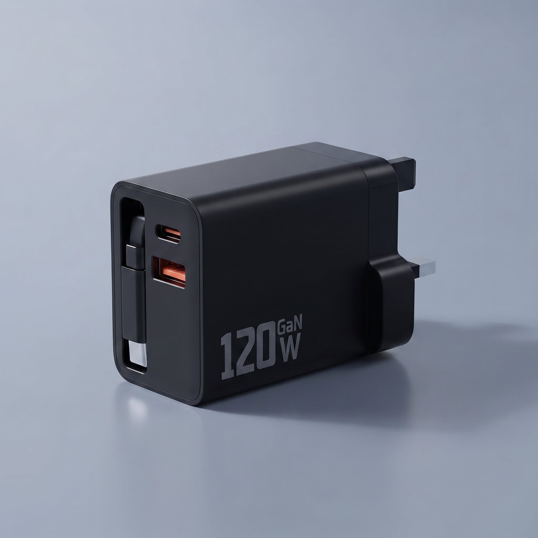 120W GaN retractable charger in black with UK plug