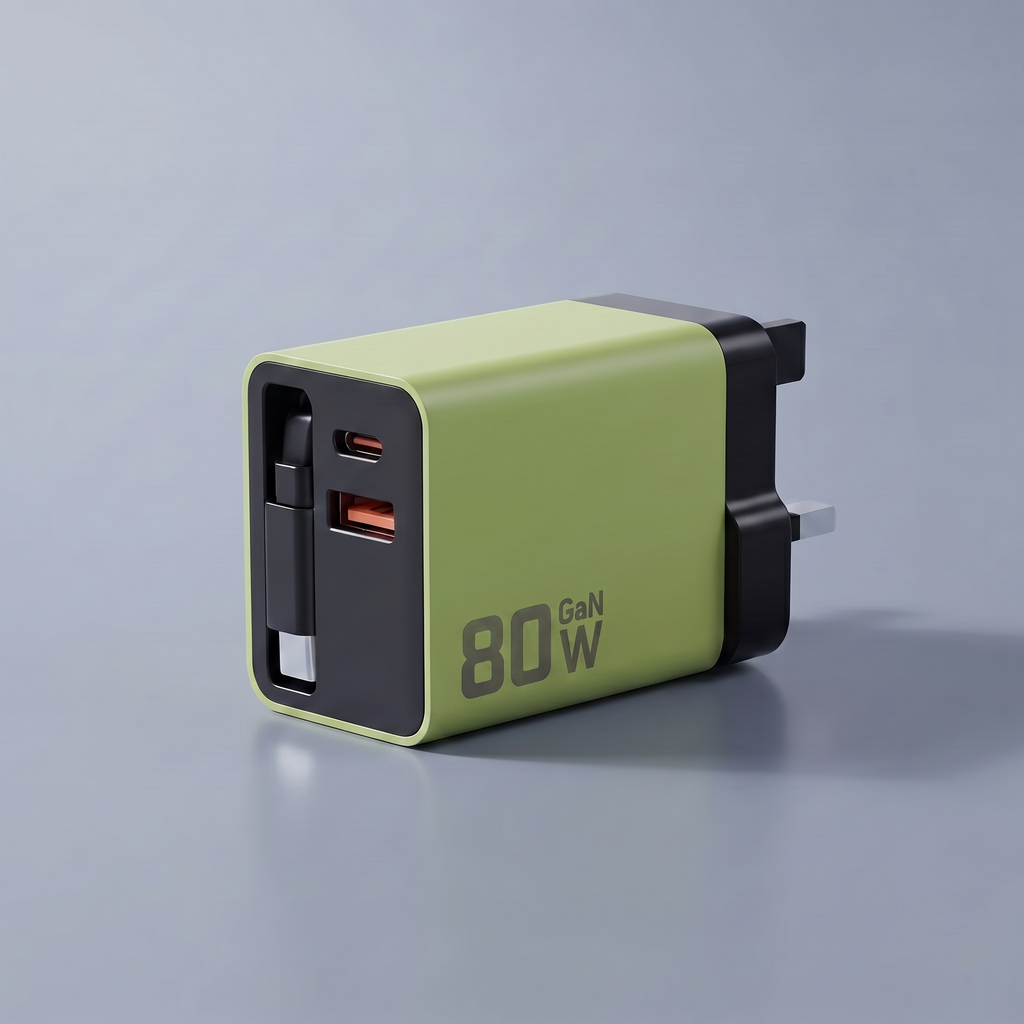 80W GaN retractable charger in green with UK plug