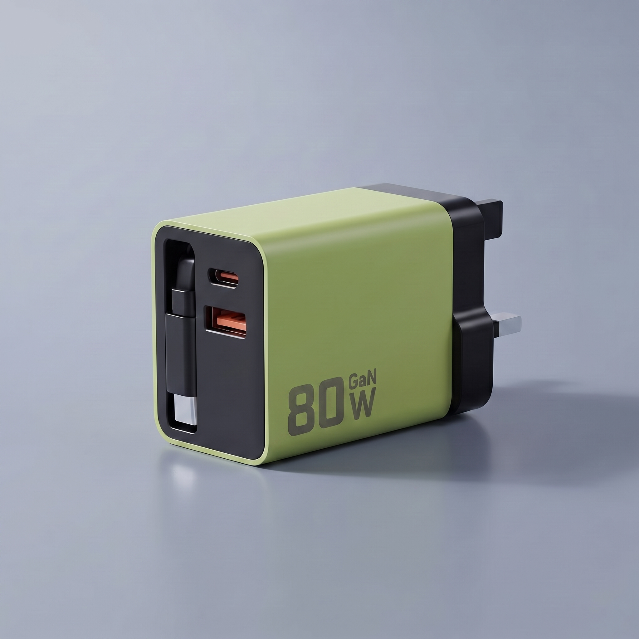 80W GaN retractable charger in green with UK plug