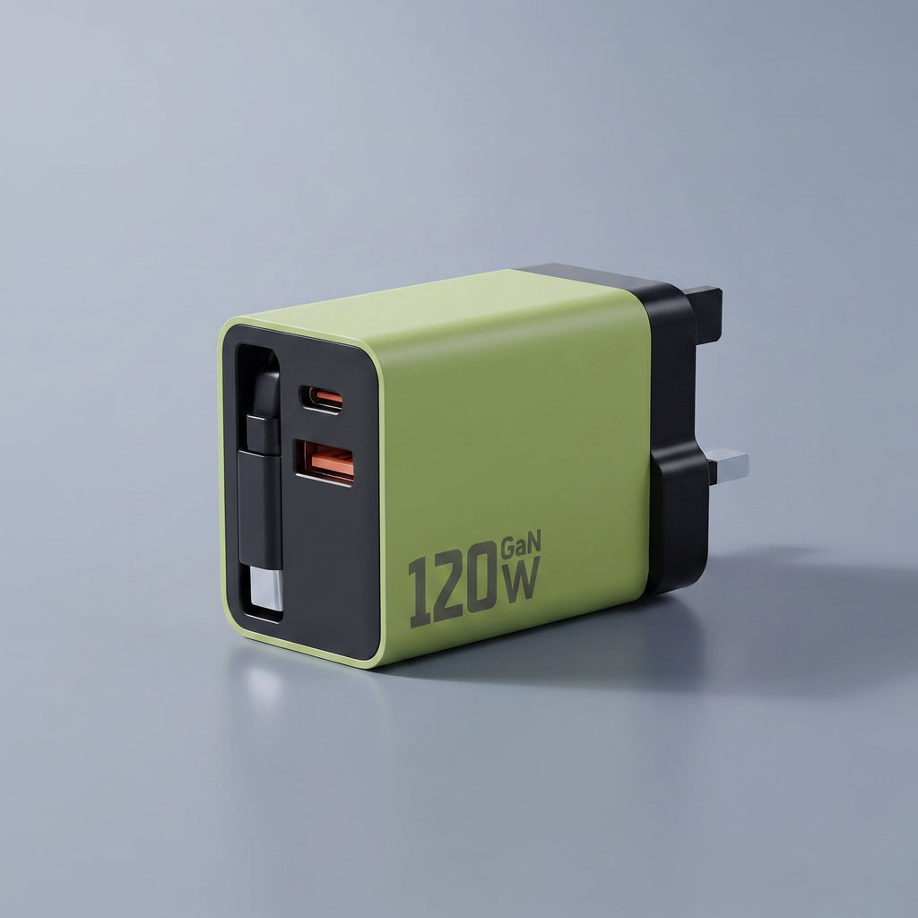 120W GaN retractable charger in green with UK plug