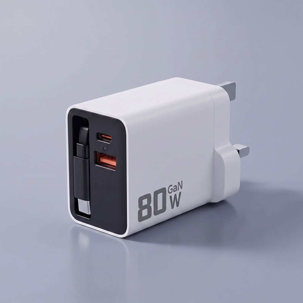 80W GaN retractable charger in white with UK plug