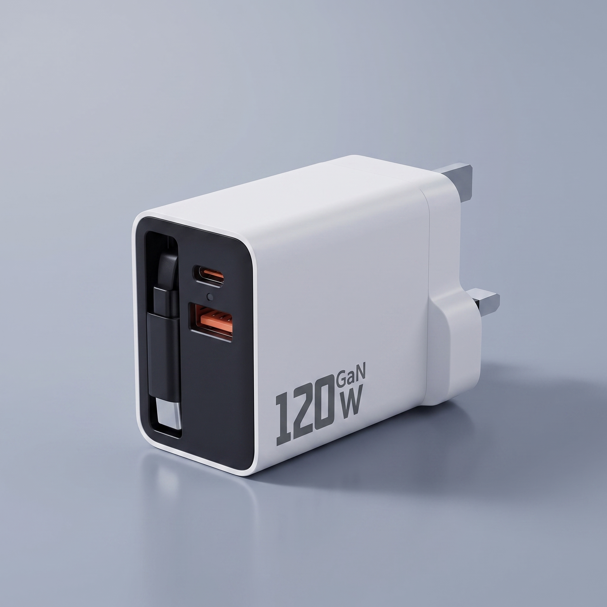 120W GaN retractable charger in white with UK plug
