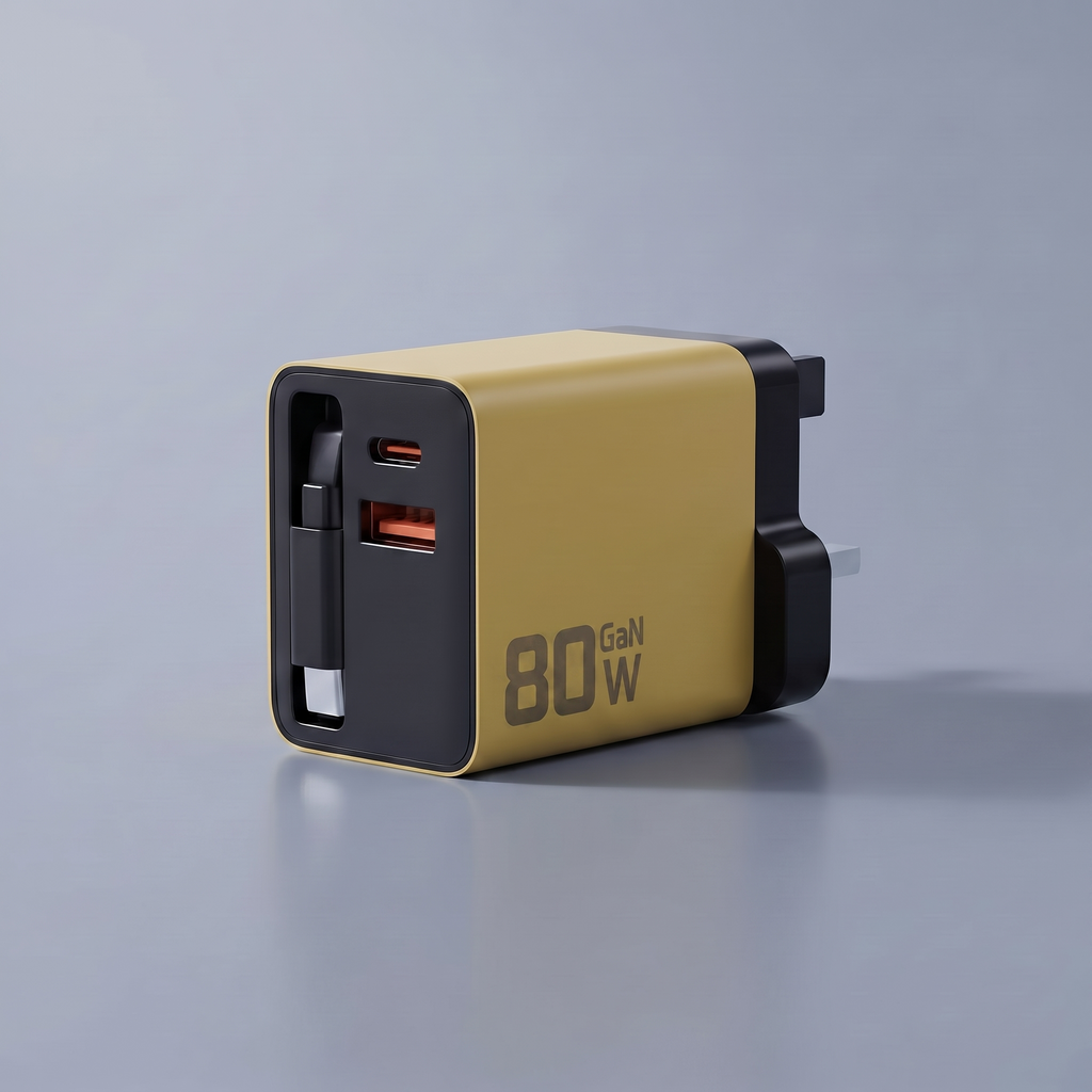 80W GaN retractable charger in yellow with UK plug