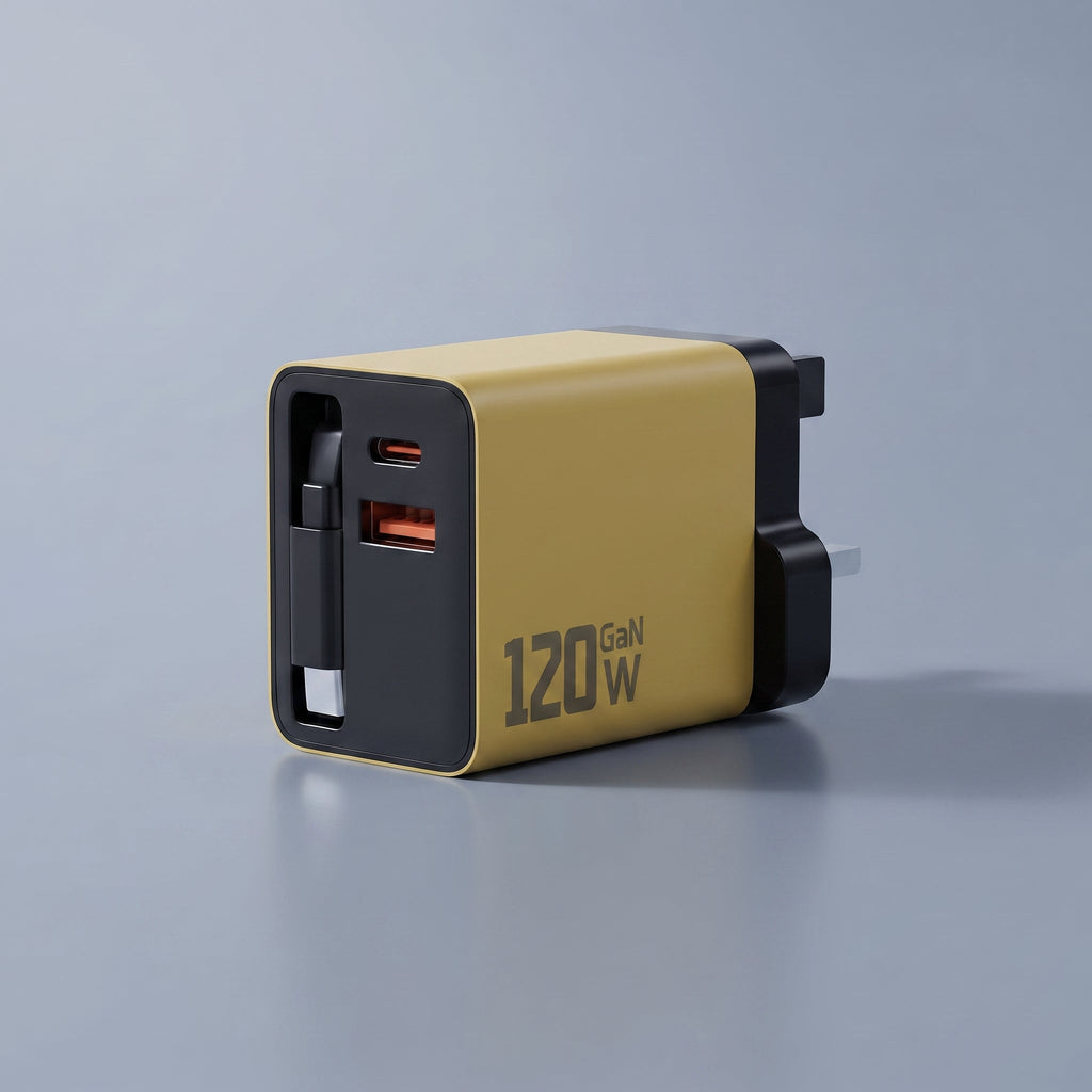 120W GaN retractable charger in yellow with UK plug