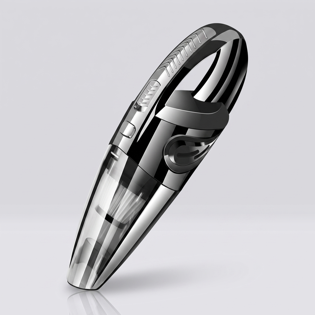 Cordless car vacuum on light grey studio background