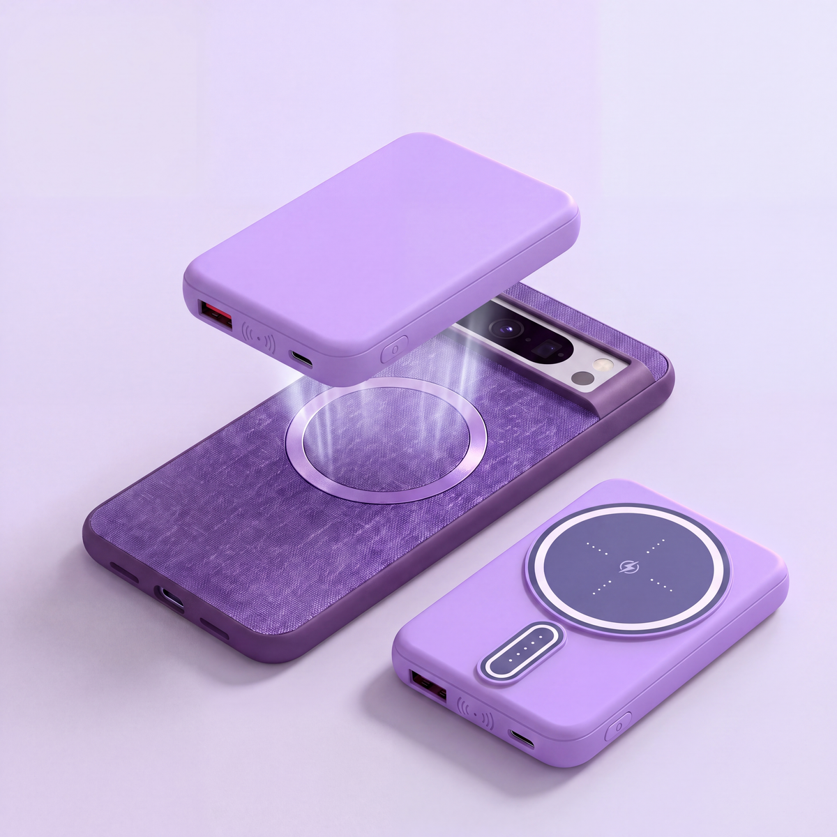 MagSafe power bank mid-snap on purple Pixel case, with MagSafe face shown beside it