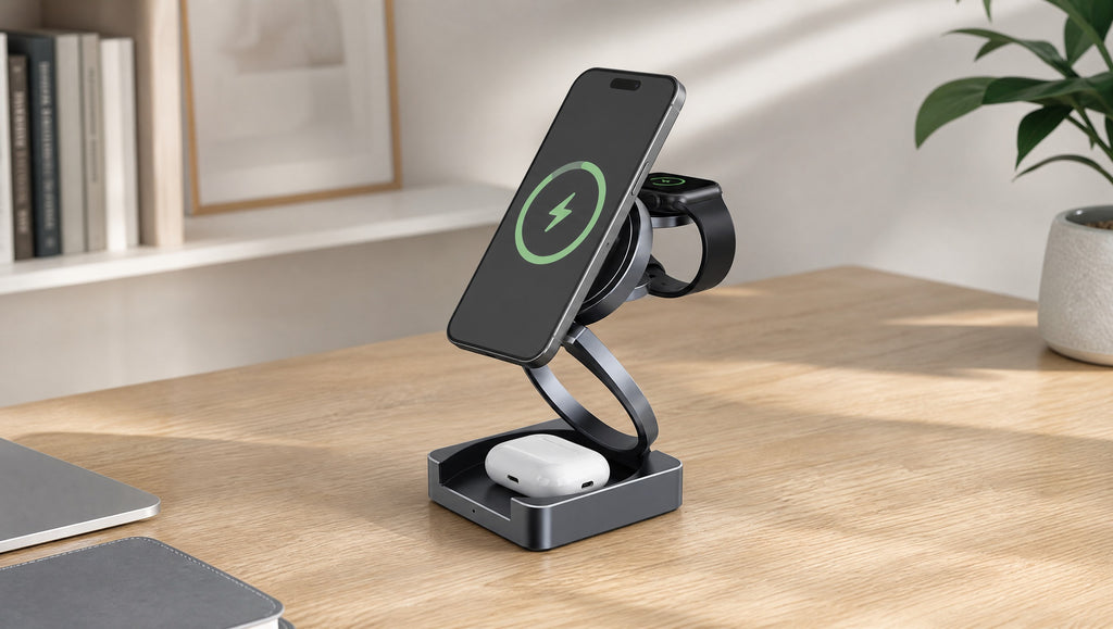 Qi2 folding 3-in-1 wireless charger open on a desk charging phone watch and earbuds