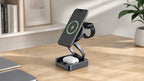Qi2 folding 3-in-1 wireless charger open on a desk charging phone watch and earbuds
