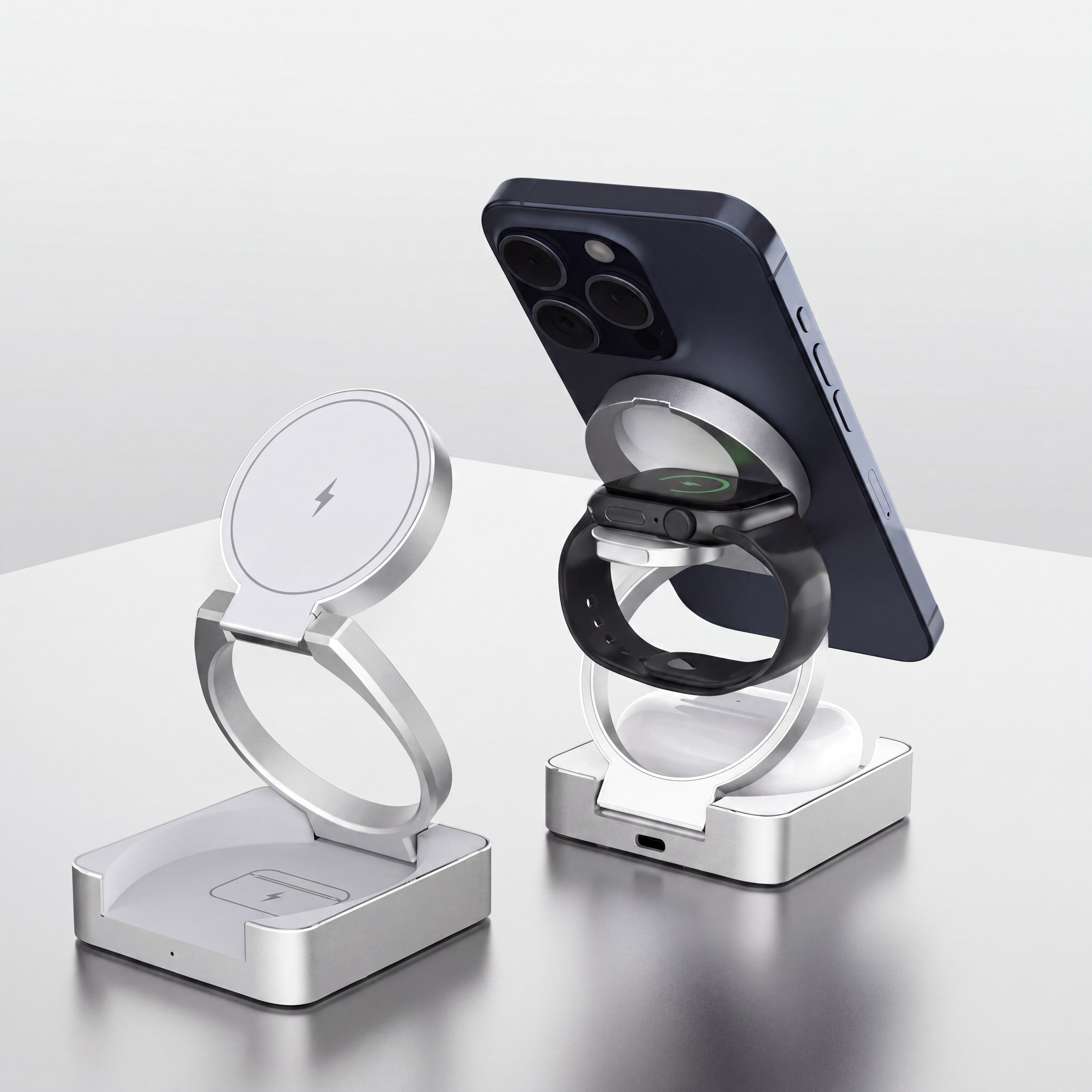 Qi2 folding charger silver empty and loaded studio pair